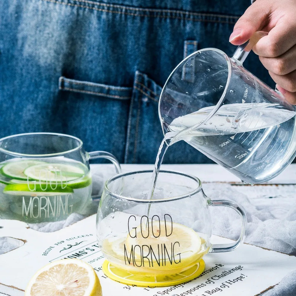 ☕✨ Taza de Cristal “GOOD MORNING” 🌞 Perfecta para Café, Té o Desayunos con Estilo 🍵💫