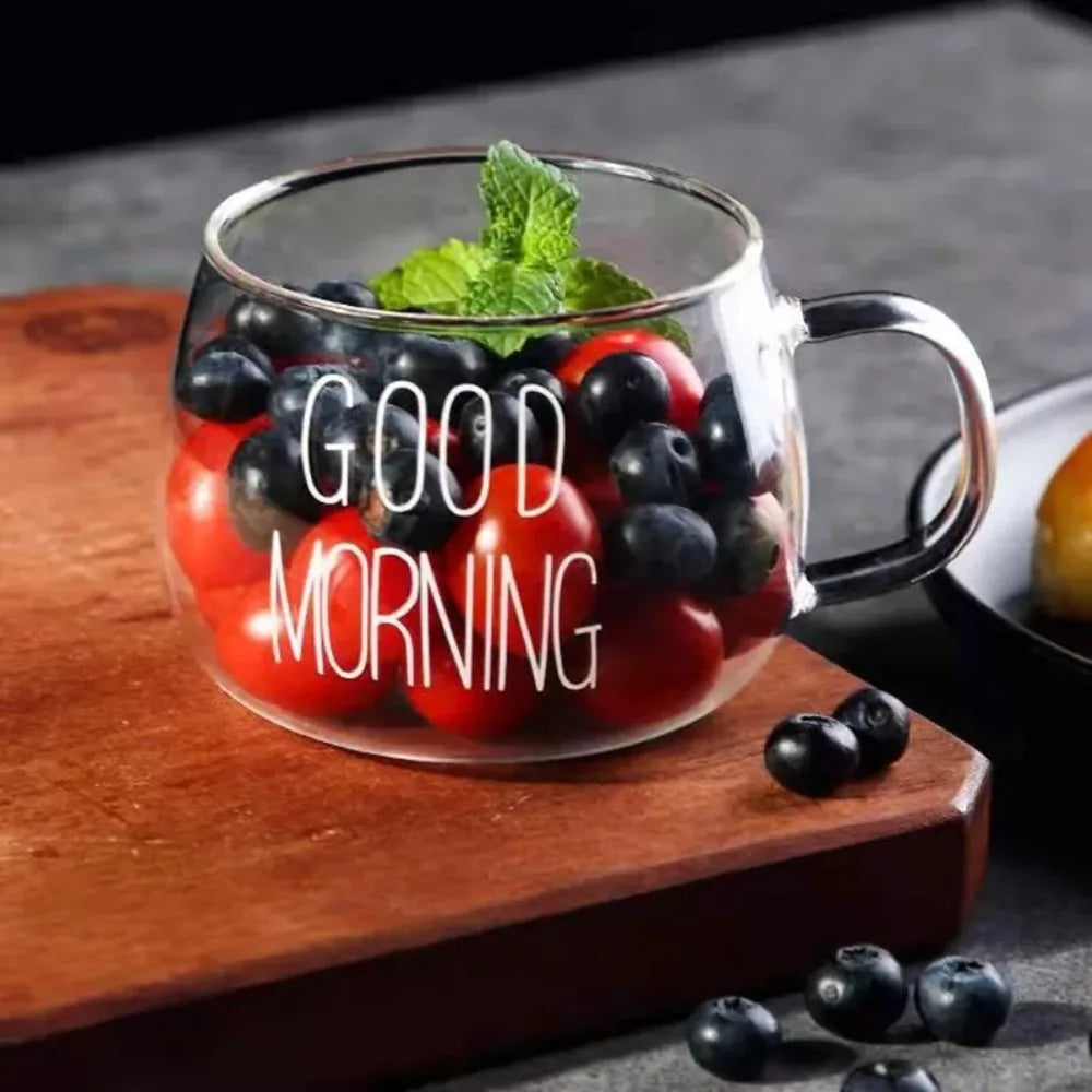☕✨ Taza de Cristal “GOOD MORNING” 🌞 Perfecta para Café, Té o Desayunos con Estilo 🍵💫